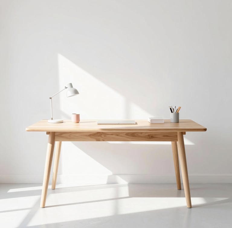 Bright minimalist Florida workspace, neat wooden desk, soft morning daylight casting long gentle shadows, high-key editorial aesthetic