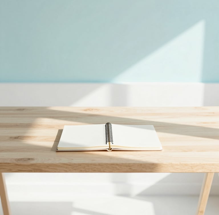 A bright, sun-drenched Florida creative studio workspace, a neat wooden desk with a single notebook, soft morning daylight casting long shadows, pastel mint and sky blue accents, high-key minimalist editorial photography.