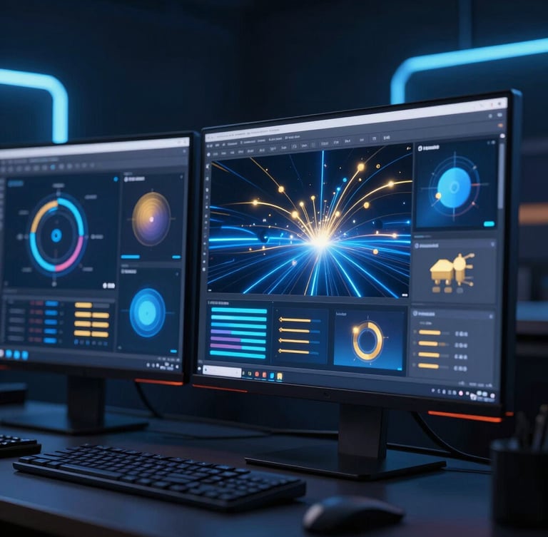 Macro close-up of a high-end creative workspace, dual monitors displaying vibrant brand assets, dramatic electric blue and gold neon ambient lighting, low-key dark-room cinematic studio render.