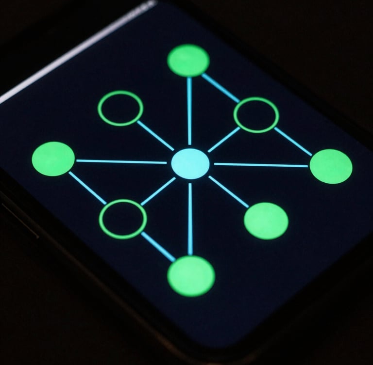 Top-down macro shot of a dark mobile screen displaying a complex node-based sync architecture diagram, glowing neon green and cyan lines, sharp focus on vector paths, low-key dark studio lighting, 35mm