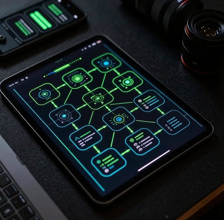 Top-down desk setup showing an iPad displaying an interactive system architecture diagram with neon green and cyan vector lines, low-key high-contrast studio lighting, dark technical aesthetic.
