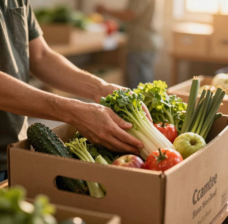 Warm editorial photograph of a volunteer's hands gently placing fresh produce into a grocery box, soft natural golden-hour light, shallow depth of field, rich earthy tones, in a community warehouse setting.