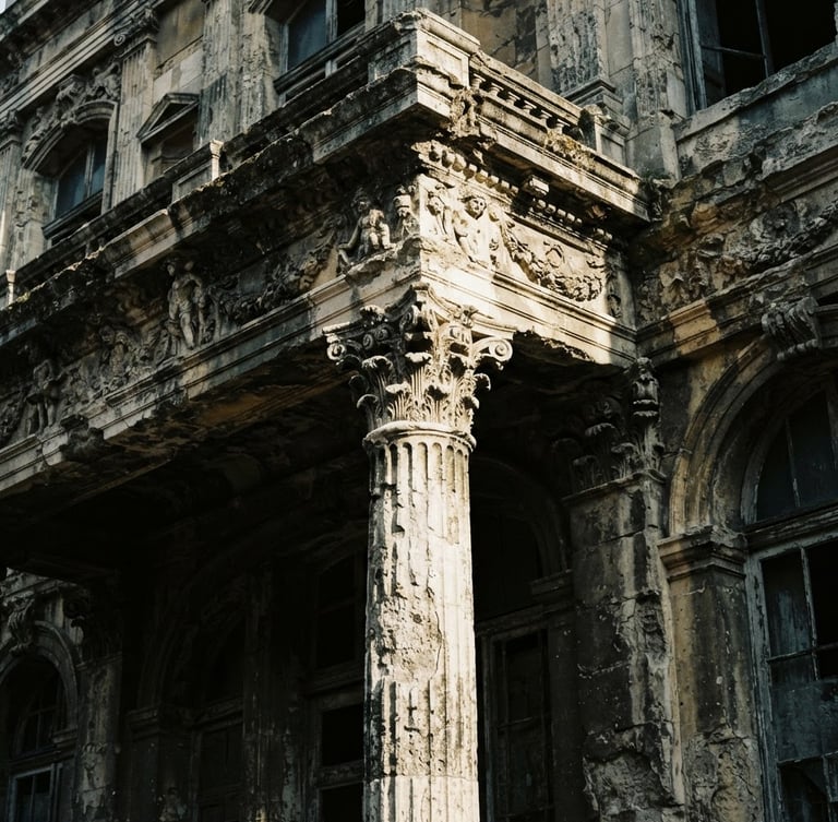 Dramatic architectural detail of a decaying classical facade, high-contrast natural light, deep shadows, desaturated tones, 35mm film look