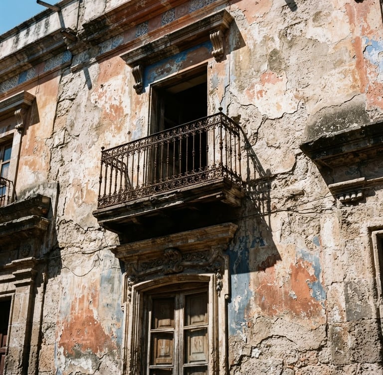 Dramatic architectural detail of a decaying Spanish facade with high-contrast shadows, stark sunlight, 35mm film look