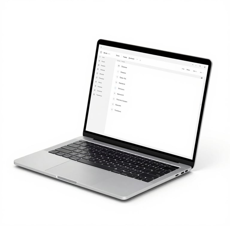 Sleek isometric laptop mockup on a bright white studio background, displaying a highly structured, clean digital dashboard with subtle drop shadows, 50mm
