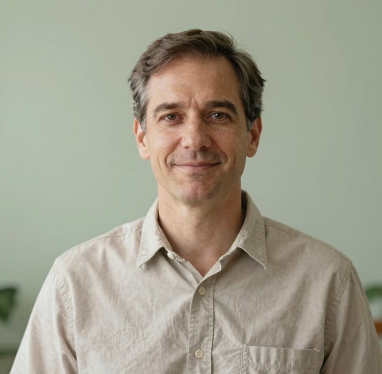 Portrait of a male psychologist in his early 40s, calm and friendly expression, natural light, soft green background, professional yet approachable, 35mm.