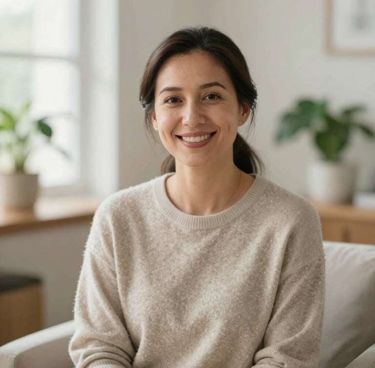 Portrait of a female psychologist in her late 30s, smiling warmly, wearing a soft neutral sweater, sitting in a bright room with plants, natural daylight, shallow depth of field.