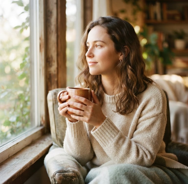 Warm-toned portrait of a person sitting by a sunlit window, holding a warm ceramic mug with both hands, soft focus, natural light, peaceful expression