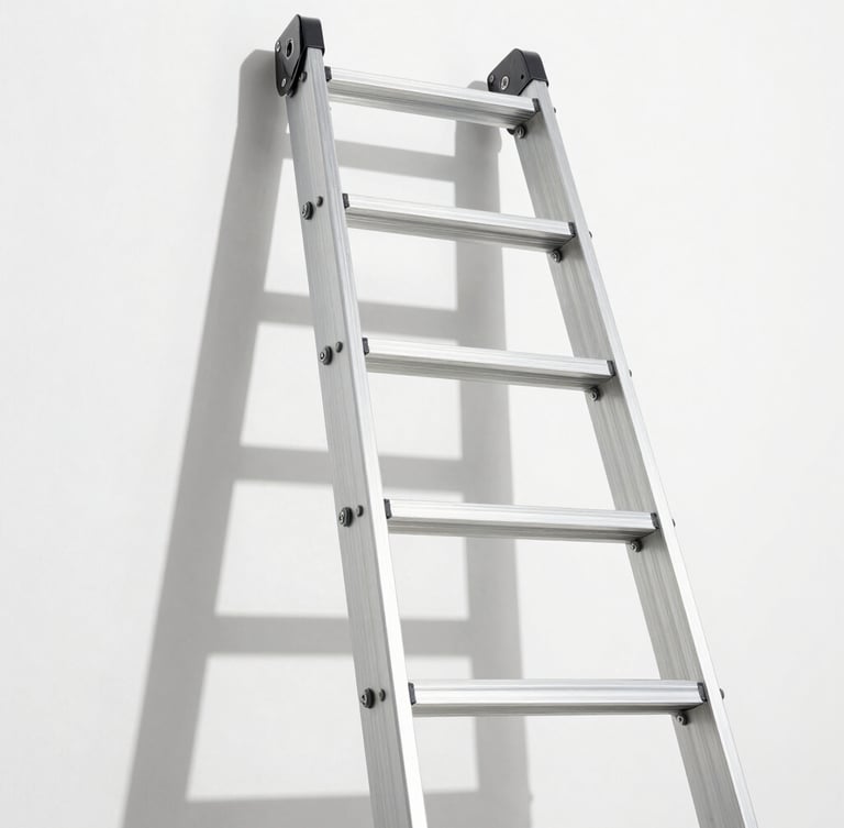 Low-angle architectural elevation of a pristine aluminum industrial extension ladder against a stark white background, sharp midday shadows, 50mm lens
