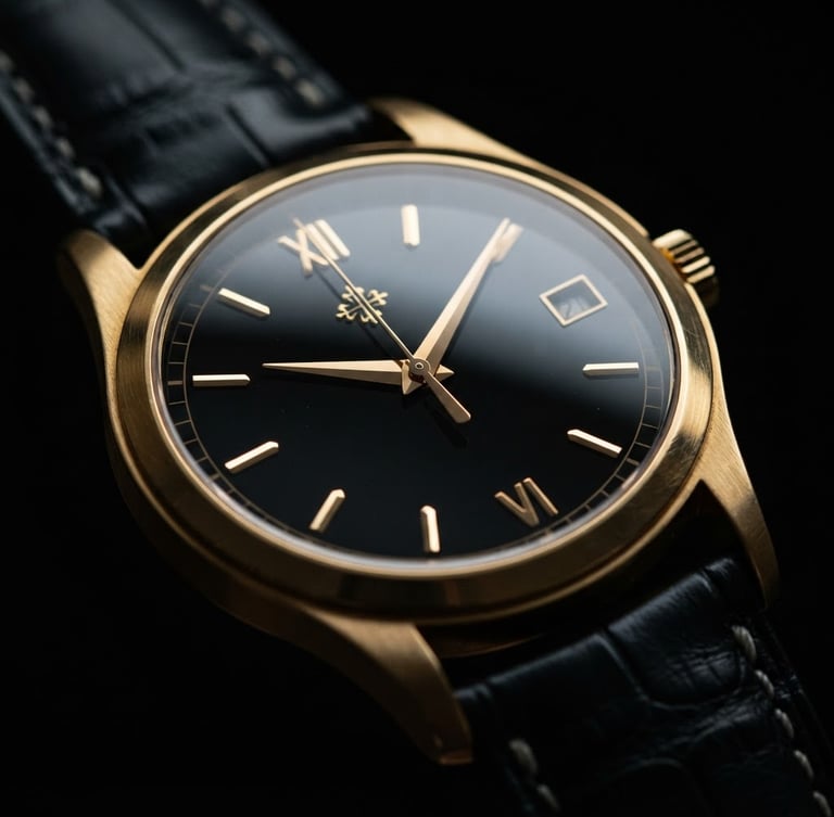 Macro shot of a premium men's luxury watch with a black leather strap and gold case, dramatic low-key lighting, shallow depth of field, cinematic product photography, against a deep black background.