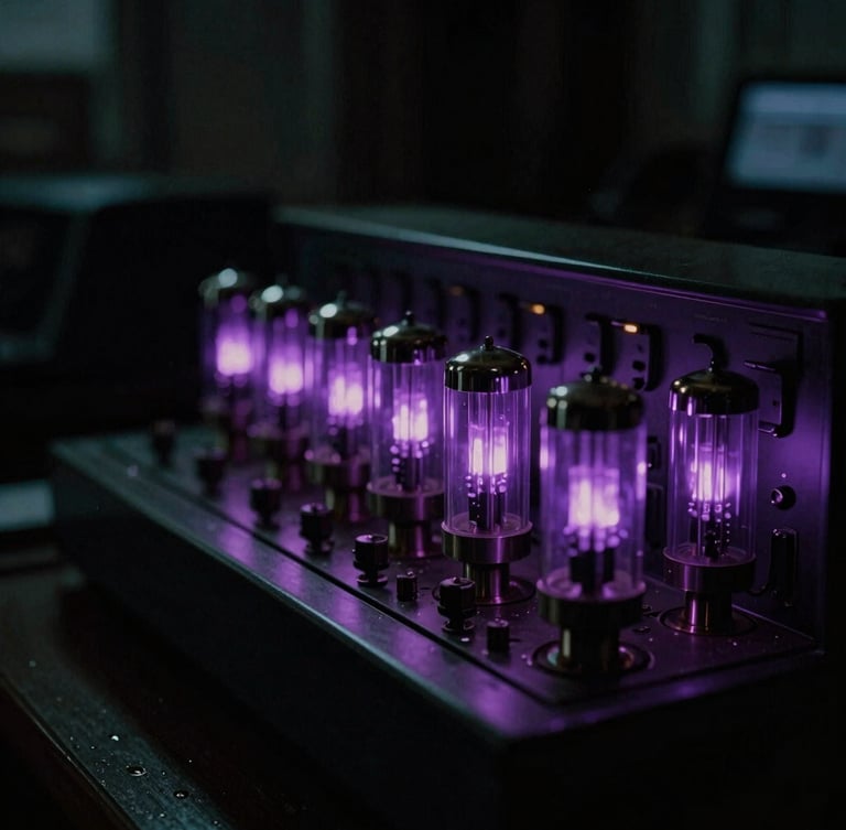 Moody low-key photography of a vintage analog mastering console, glowing purple vacuum tubes in the dark, cinematic 35mm film grain, left-aligned composition.