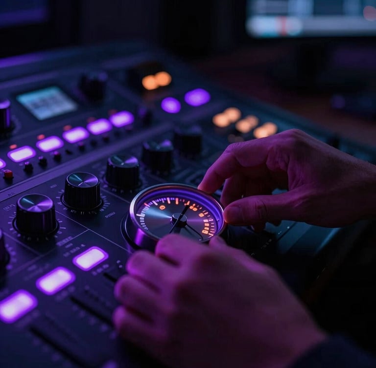 Close-up of hands adjusting a solid metal dial on a high-end mastering console, neon violet LED indicators, dark studio background