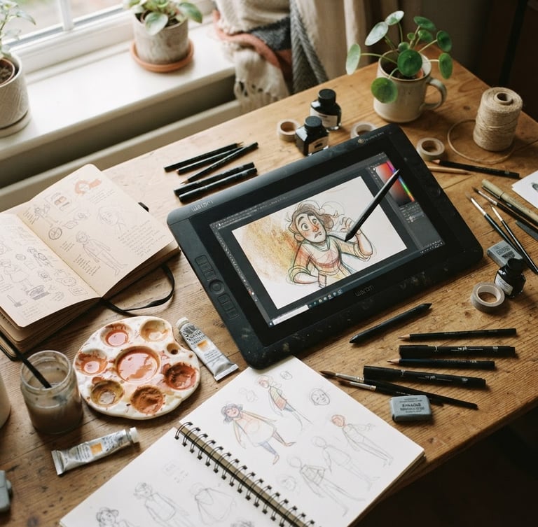 Overhead desk shot of an illustrator's workspace with physical sketchbooks, ceramic paint wells containing terracotta pigments, and a digital tablet showing a half-finished animation frame, soft natural window light, 35mm