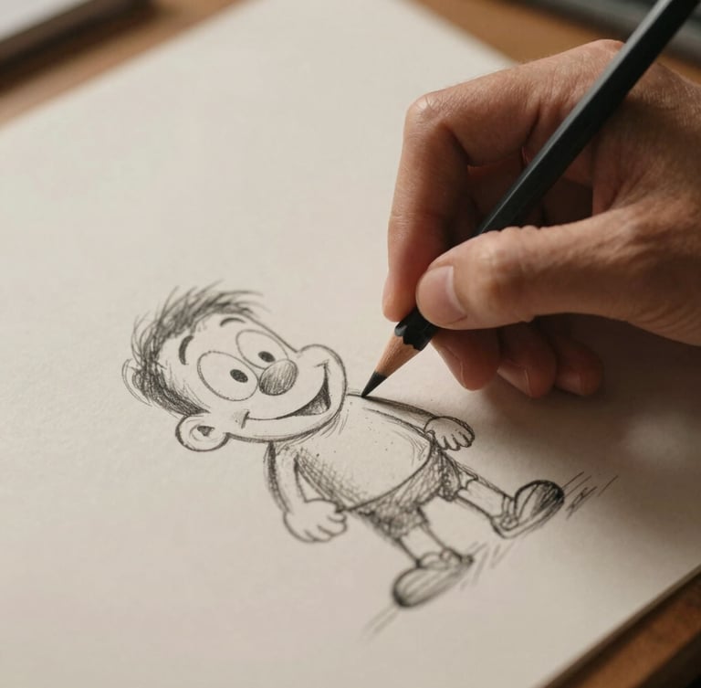 Close-up of an artist's hand sketching a cartoon character with a graphite pencil on thick textured paper, warm studio light, shallow depth of field