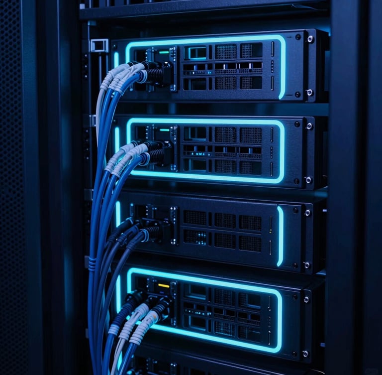 Extreme close-up of a high-end corporate data center server rack with clean cable management, neon blue and cyan rim lighting, cool low-key studio lighting, 35mm