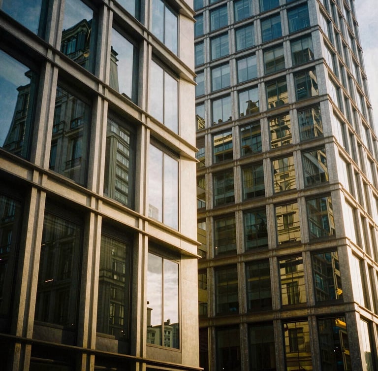 Architectural details of a modern business hub in Paris, soft natural light reflecting off clean glass and steel structures, warm golden tones, 35mm editorial photography