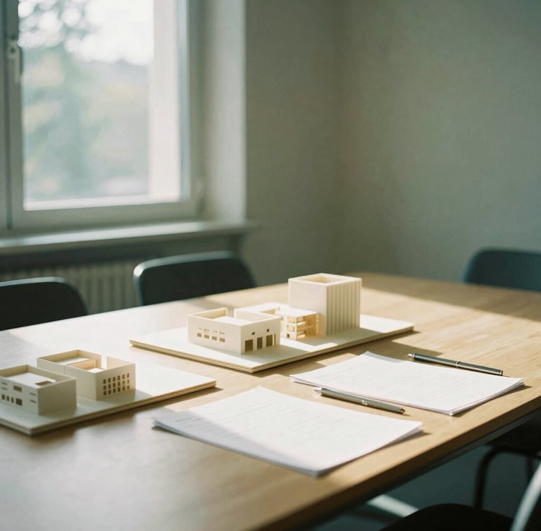 A quiet, sunlit boardroom in Munich, warm morning window light casting soft shadows on structured documents and architectural models, 35mm photography, forest green accents.