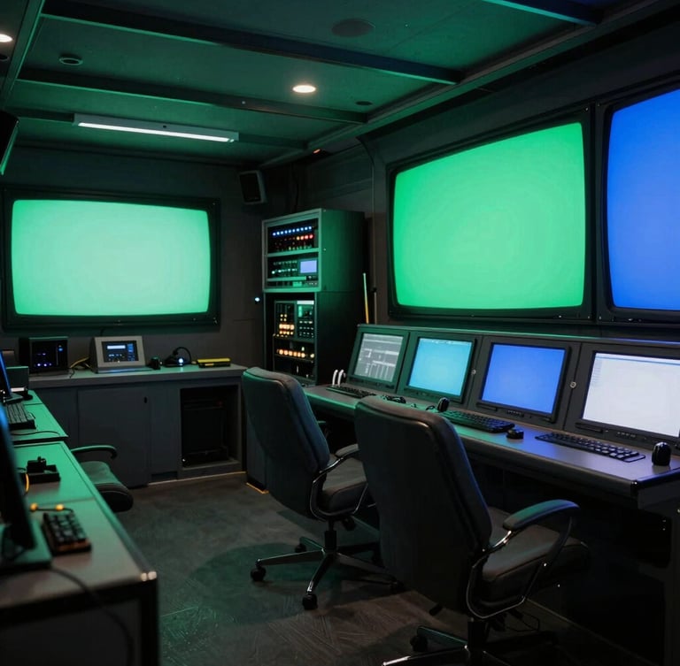 Wide cinematic angle of a dark television broadcast truck interior, glowing green and blue monitor walls casting light on empty control chairs, technical equipment racks visible in soft focus.
