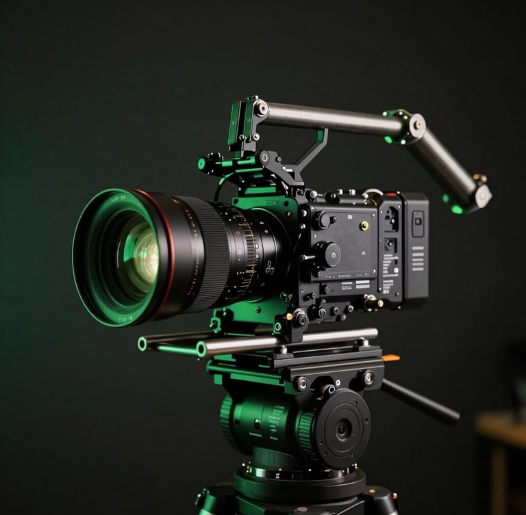 A high-end cinema camera rig with prime lens on a mechanical arm, low-key dramatic stage lighting casting a neon green rim light, dark studio background.