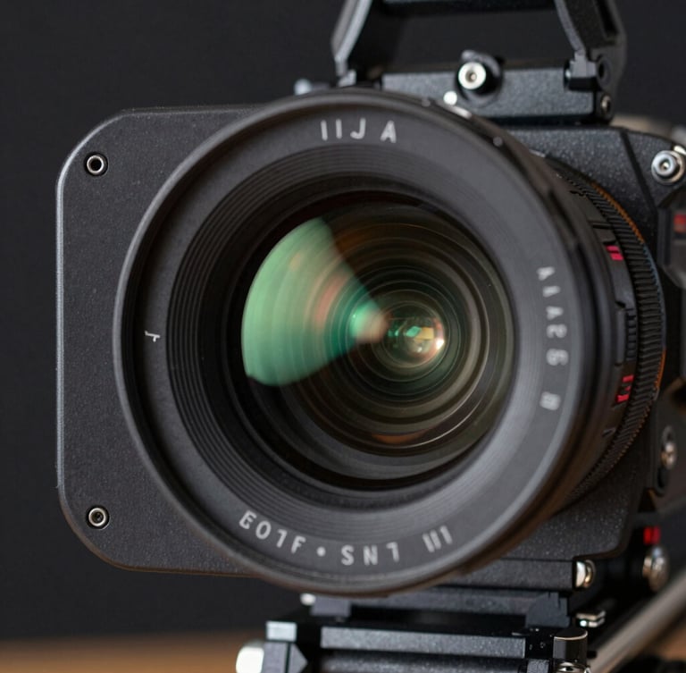 Close-up macro shot of a professional cinema camera rig, sharp focus on the lens glass, glowing tally light reflecting green on the matte box, dark background.