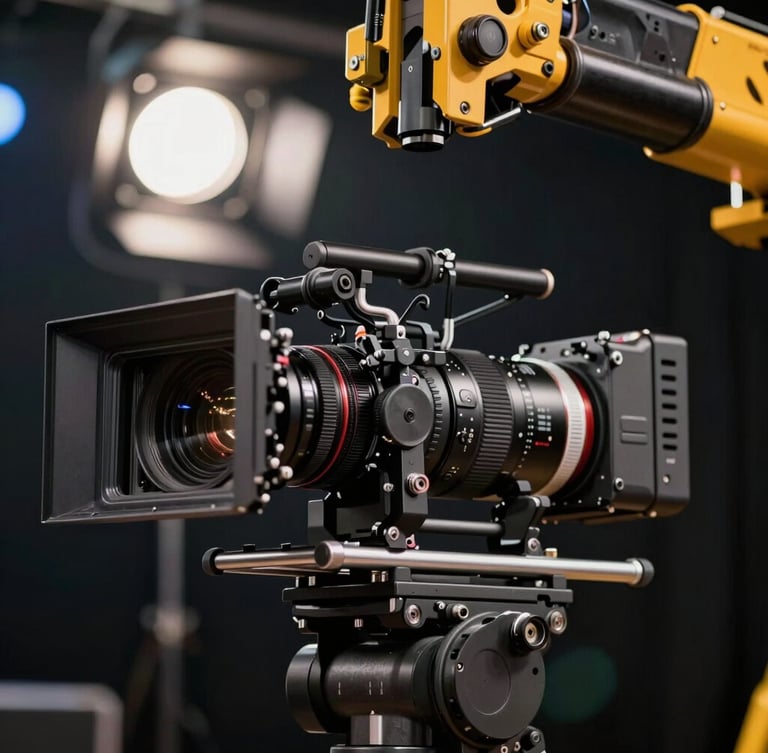 Close-up of a high-end cinema camera rig on a crane, dramatic stage lighting in the background, sharp technical details