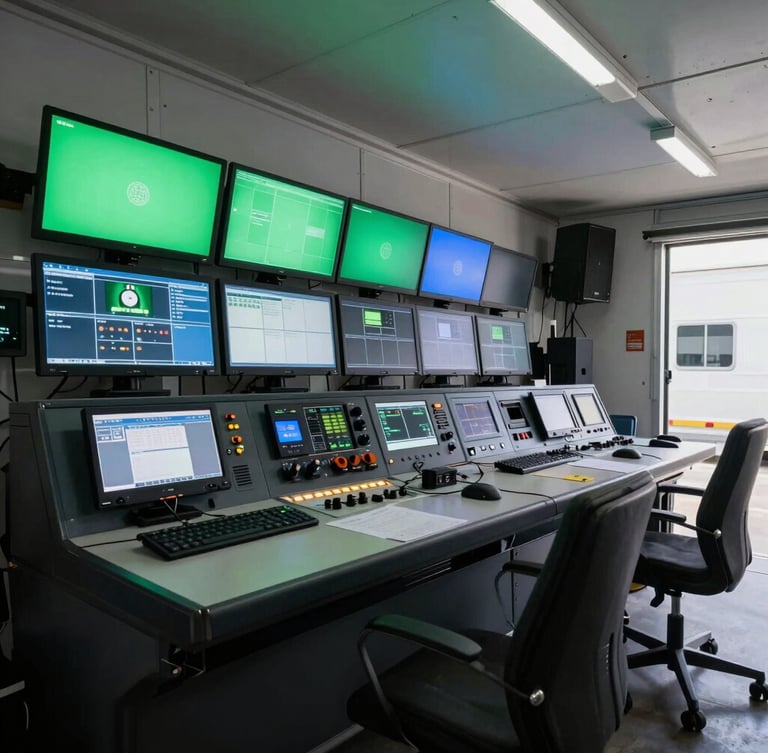 Wide-angle side view of a modern broadcast control room inside a production truck, glowing green and blue monitor displays casting sharp light on technical gear, clean composition.