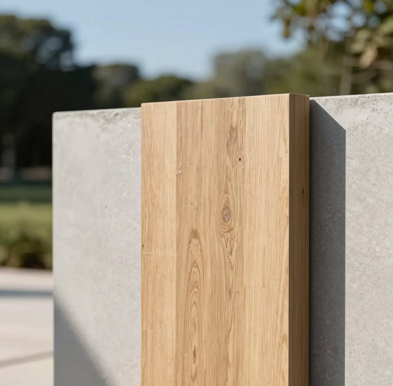 Close-up of premium raw architectural materials, light oak wood and smooth concrete, bright afternoon sun casting soft shadows, elegant composition