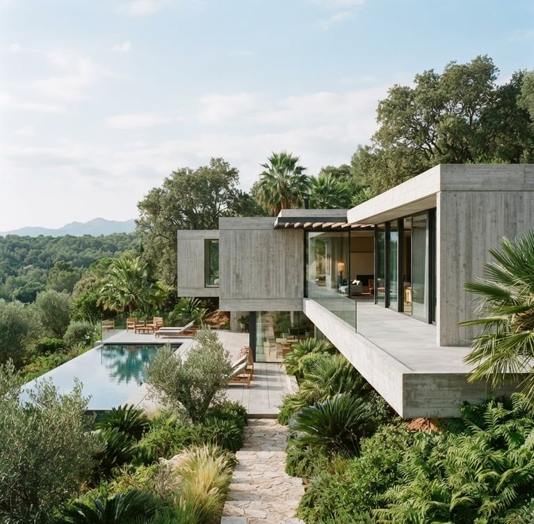 Minimalist modern villa architecture with clean concrete lines, integrated with lush green landscape, bright natural daylight, soft blue sky with light clouds, 35mm elegant architectural photography