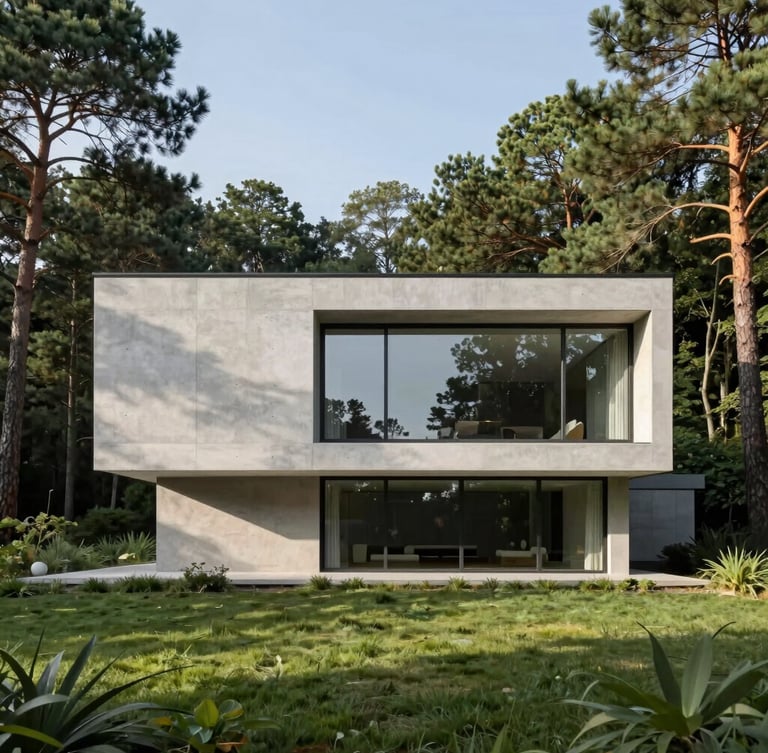 Elegant minimalist concrete and glass villa facade, integrated into a dense green pine forest, soft afternoon sun casting long shadows, architectural photography, 35mm