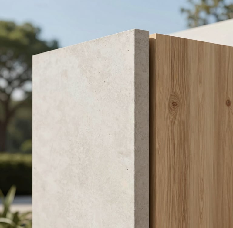 Elegant close-up of premium raw materials, smooth light concrete meeting textured natural oak wood, minimalist architectural detailing, soft daylight, 35mm