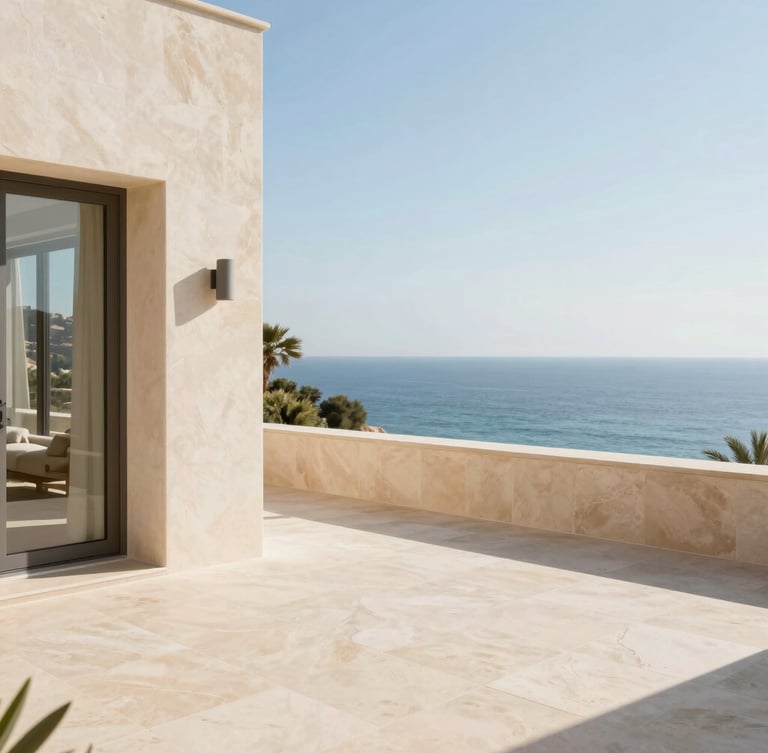 Bright editorial photography of a luxury villa terrace overlooking the Mediterranean sea at Les Issambres, warm morning light, soft beige stone, clear blue water, 35mm