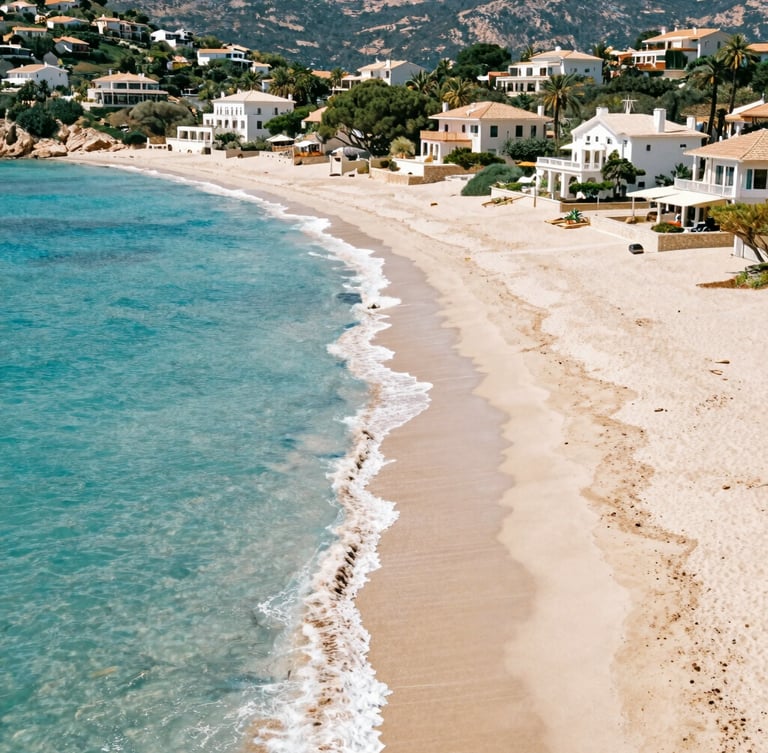 Bright aerial view of the Les Issambres coastline, turquoise Mediterranean sea meeting sandy shores, luxurious villas nestled in green hills, warm sun-drenched daylight, editorial 35mm photography