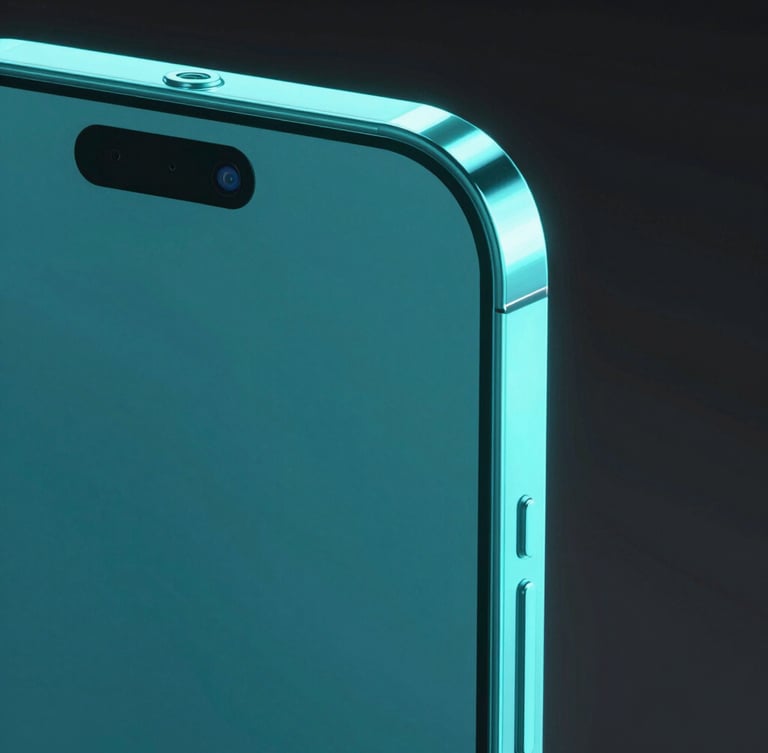 Sleek 3D digital render of a glowing smartphone chassis, dark studio background, vibrant neon cyan emissive lighting, high-contrast glassmorphic panels, sharp macro focus