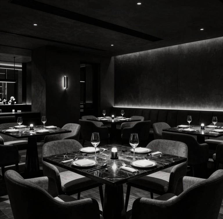 Dramatic wide-angle interior of a luxury hotel dining room in Baghdad, low-key high-contrast lighting, sleek modern tableware arranged on dark marble tables, architectural focus.
