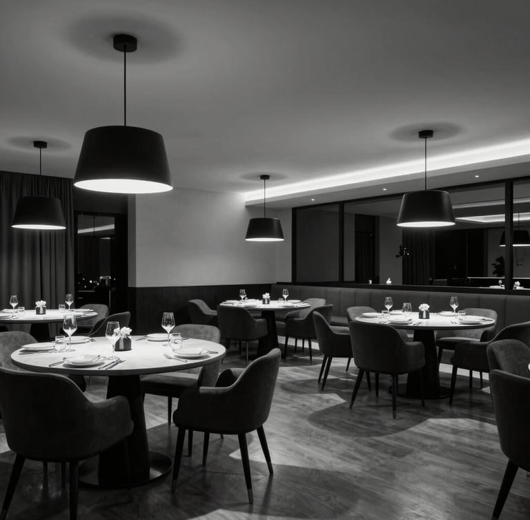 Wide architectural shot of a luxury hotel dining room in Baghdad, featuring V.CASA premium tableware and minimalist lighting, high-contrast black and white