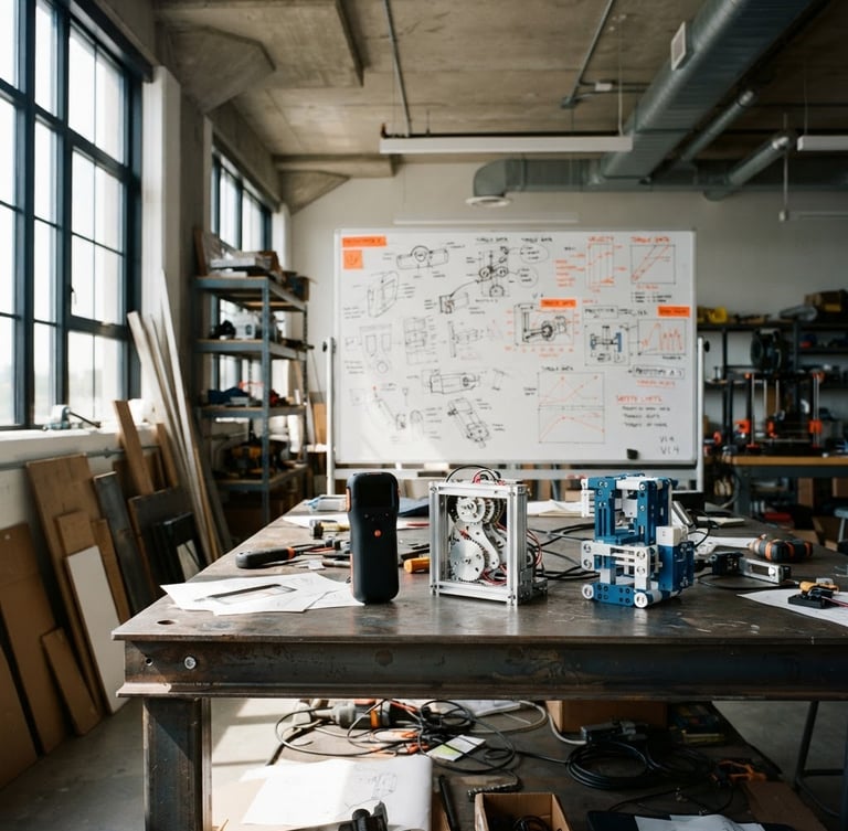 Crisp industrial design studio, physical product prototypes on a steel table under sharp daylight, safety orange telemetry markings on a whiteboard behind, architectural angle, 35mm lens.