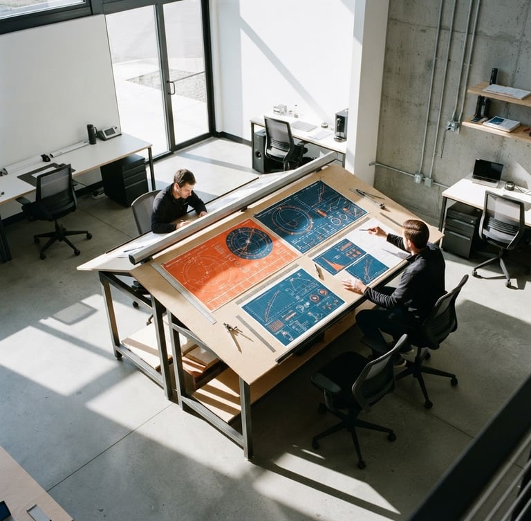 Architectural high-angle shot of a modern concrete workspace with sharp daylight shadows, a large drafting table showing structured launch telemetry maps in safety orange, minimalist professional environment, 35mm lens.