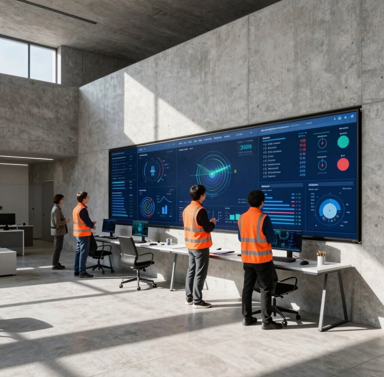 Architectural wide shot of a modern concrete workspace, sharp daylight casting deep shadows, collaborative team analyzing telemetry data on a large wall display, 35mm lens.