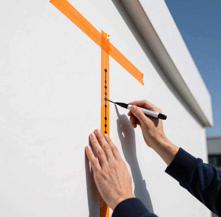 Crisp editorial close-up of hands plotting a launch timeline on a stark white wall with black markers and safety orange tape, sharp high-contrast daylight, architectural precision, 35mm lens.