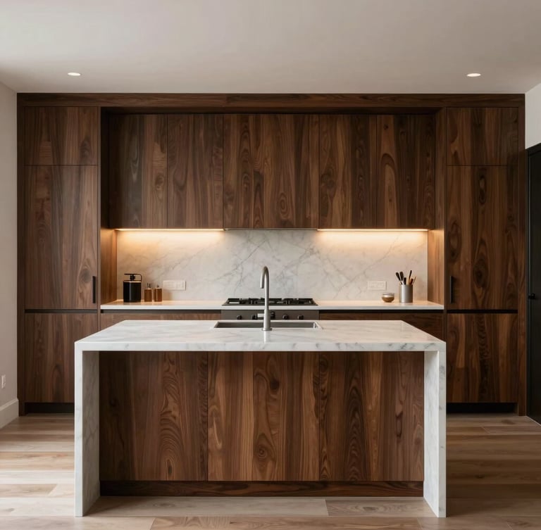 Straight-on architectural elevation of a pristine luxury kitchen with custom dark oak cabinets, integrated warm lighting, and white marble island, minimalist composition.