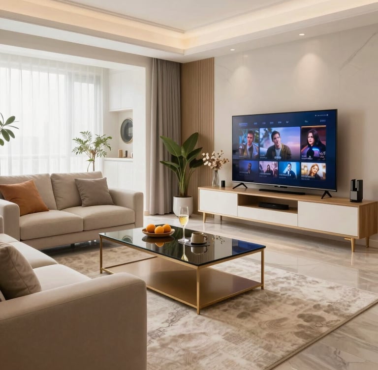 Düzgün hizalanmış, modern ve lüks bir salonun geniş açılı mimari fotoğrafı, şampanya sarısı detaylar ve özel yapım TV ünitesi göze çarpıyor, gün ışığı.