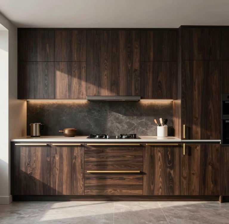 Straight-on architectural elevation of a luxurious modern kitchen with custom dark oak cabinets, brushed champagne-gold hardware, warm ambient under-cabinet lighting, natural daylight, high-end editorial feel