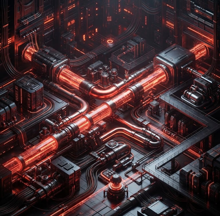 Sleek 3D tech render of data pipelines, dark metallic surfaces, glowing orange-red ambient light, sophisticated high-contrast mood, isometric depth