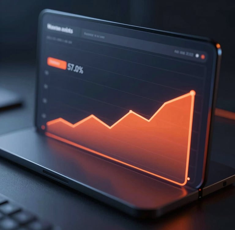Close-up of a sleek marketing analytics dashboard displaying conversion rates and revenue growth curves, dark metallic background, subtle blue and orange-red ambient glow, premium design.
