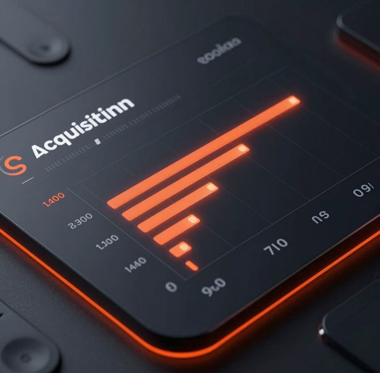 High-fidelity digital dashboard mockup showing positive acquisition metrics and sales pipeline velocity, dark mode interface with glowing orange-red lines, clean UI, macro shot, premium tech aesthetic.