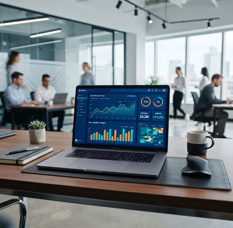Modern corporate environment, clean lines, a sleek laptop displaying a data dashboard with teal and orange accents, bright studio light, professional tech aesthetic.