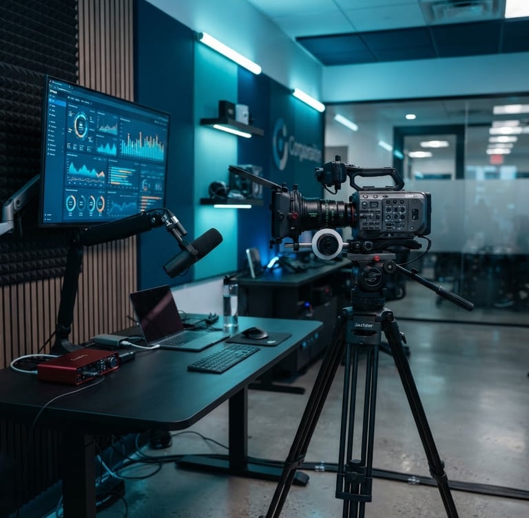 Modern video studio setup, professional camera on tripod, large monitor displaying a data dashboard, sleek microphone, cool studio lighting, deep blue and teal accents, sharp focus, professional tech aesthetic.