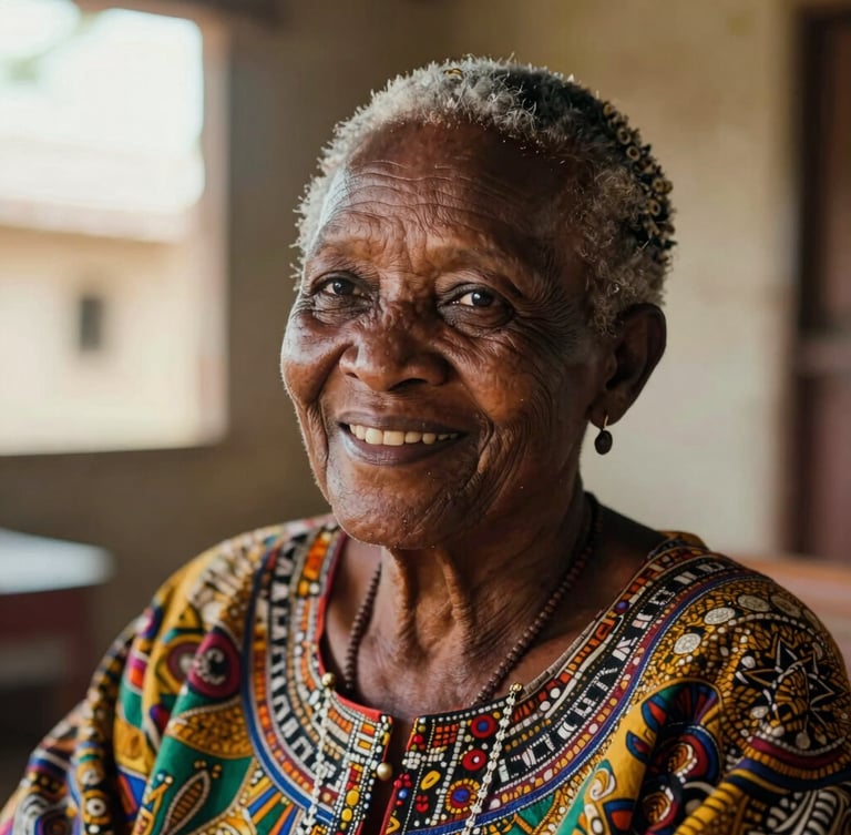Close-up of a dignified Zimbabwean grandmother smiling warmly inside her sunlit home, wearing traditional attire.