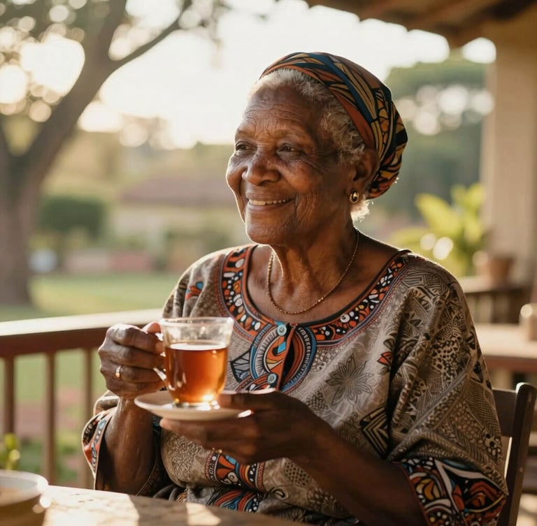 Dignified Zimbabwean grandmother sitting on a sunlit veranda in Harare, smiling warmly as she holds a cup of tea, soft golden hour light filtering through garden trees.