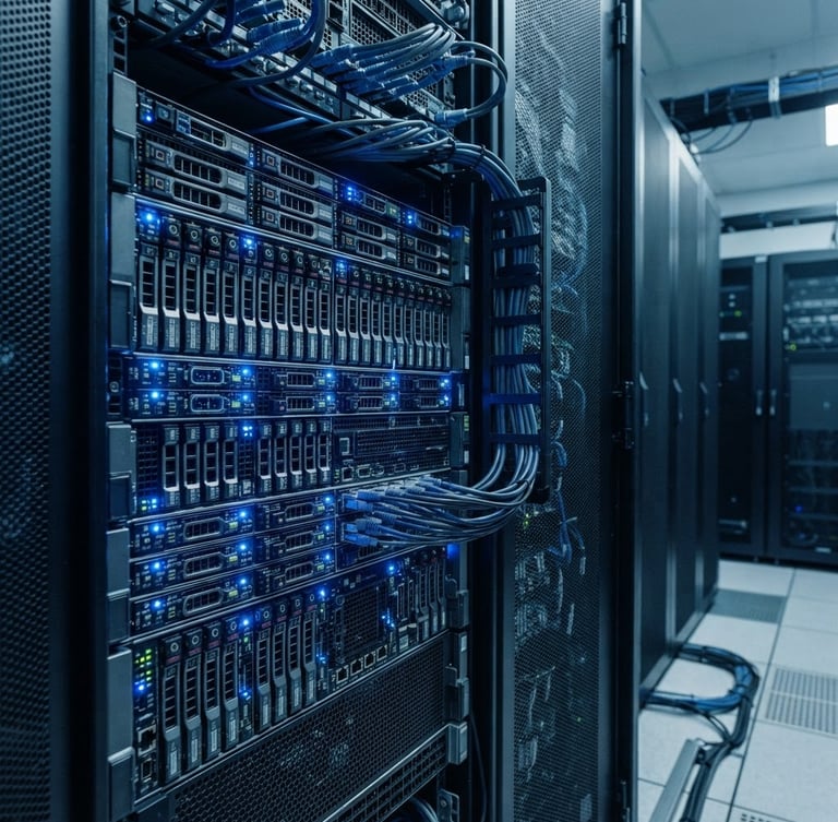 Close-up of a secure server rack with glowing blue indicator lights in a pristine, cool-lit data center, sharp focus, desaturated slate tones